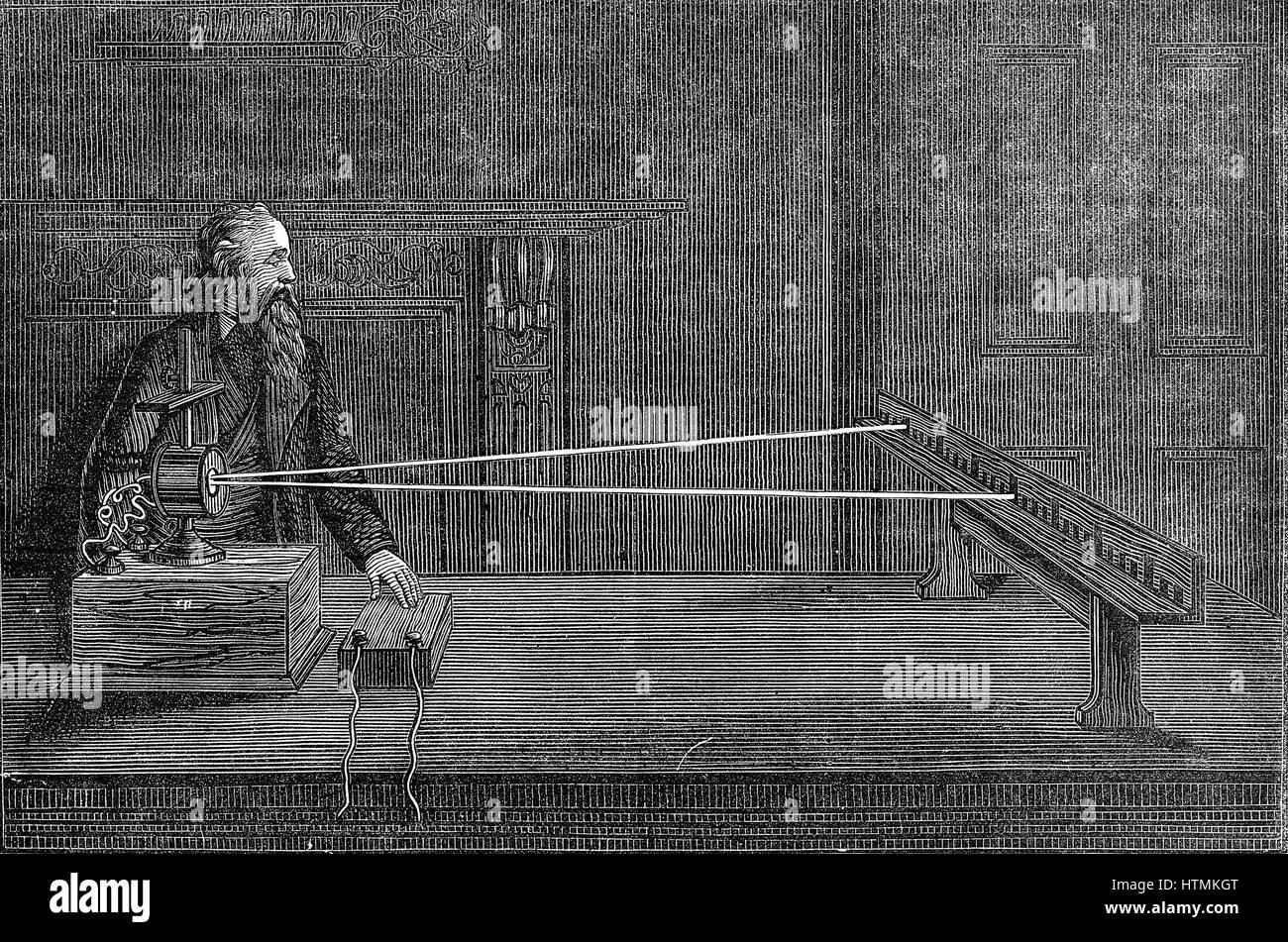 William Thomson's (Lord Kelvin 1824-1907) mirror galvanometer, instrument for measuring small electric currents. Wood engraving 1876 Stock Photo