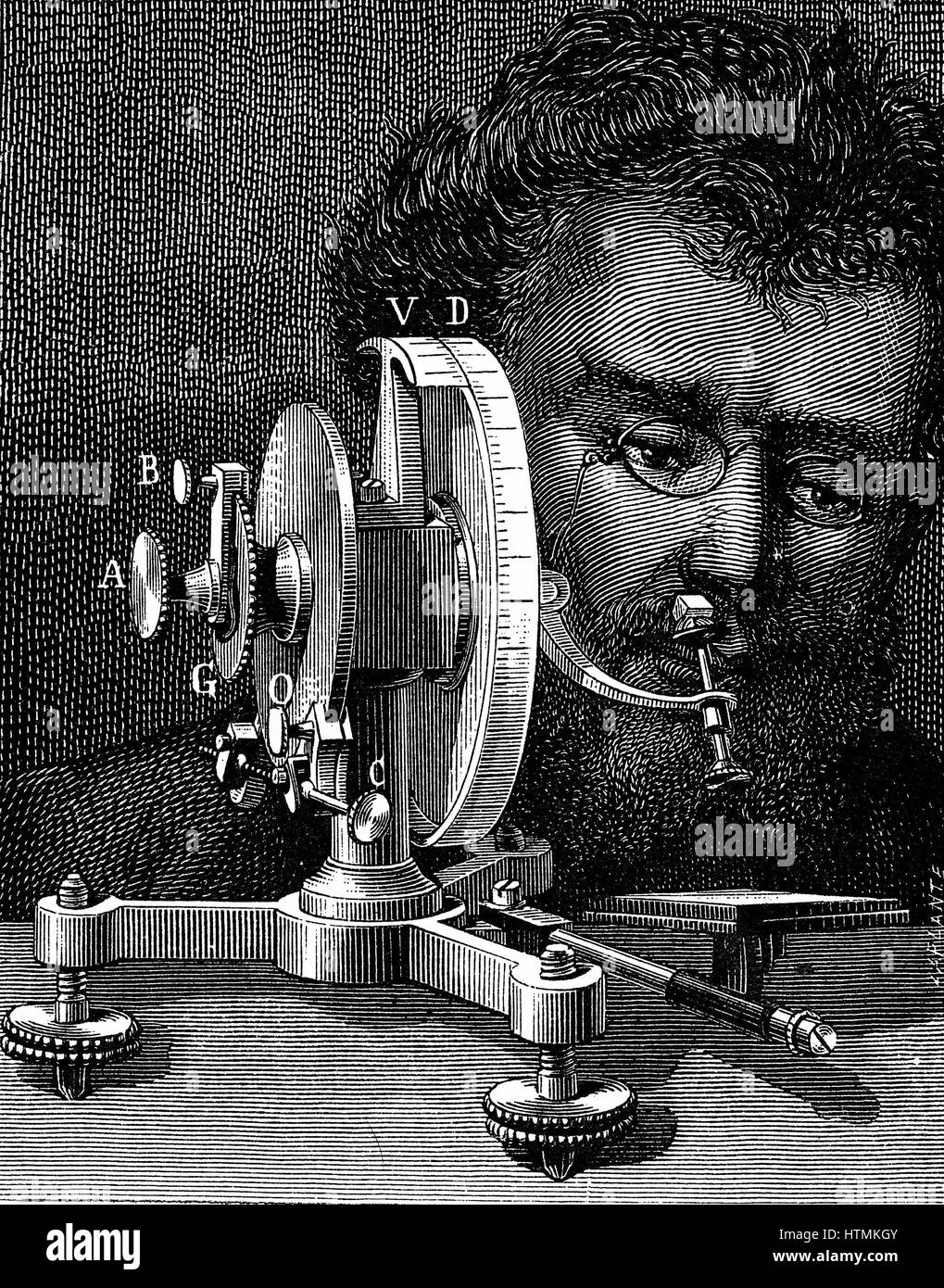 Wollaston's reflecting goniometer for measuring the angles of crystals. Wood engraving 1874 Stock Photo