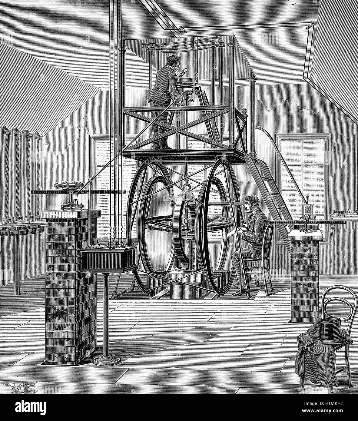 Giant galvanometer (instrument for measuring small electric currents) in the Physics Laboratory, Cornell University. Wood engraving 1886 Stock Photo