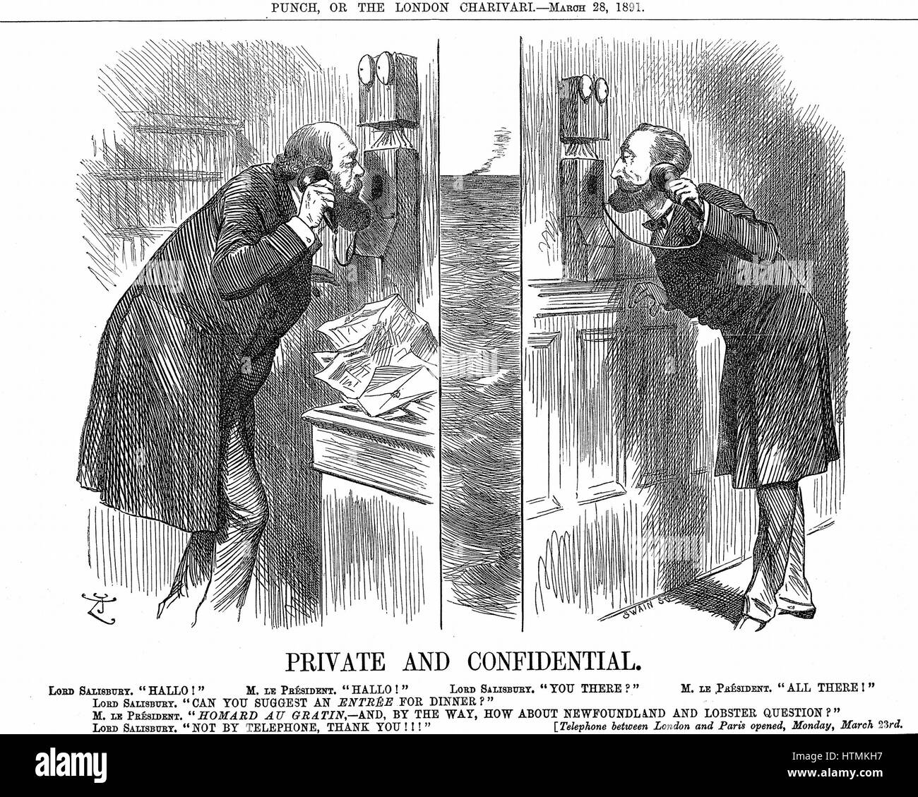 Opening of the Anglo-French telephone line. The British Prime Minister (Lord Salisbury) in conversation with the French President (Sadi Carnot). John Tenniel cartoon London 28 March 1891. Wood engraving Stock Photo