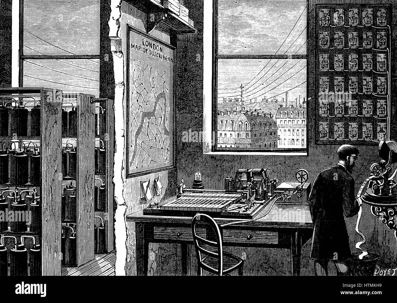 Main station of Exchange Telegraph Company, London, showing operator receiving a message on ticker-tape machine. Morse transmitting instrument connected directly to the Stock Exchange. Left: bichromate cells providing electricity. 'La Nature' Paris 1882. Engraving Stock Photo