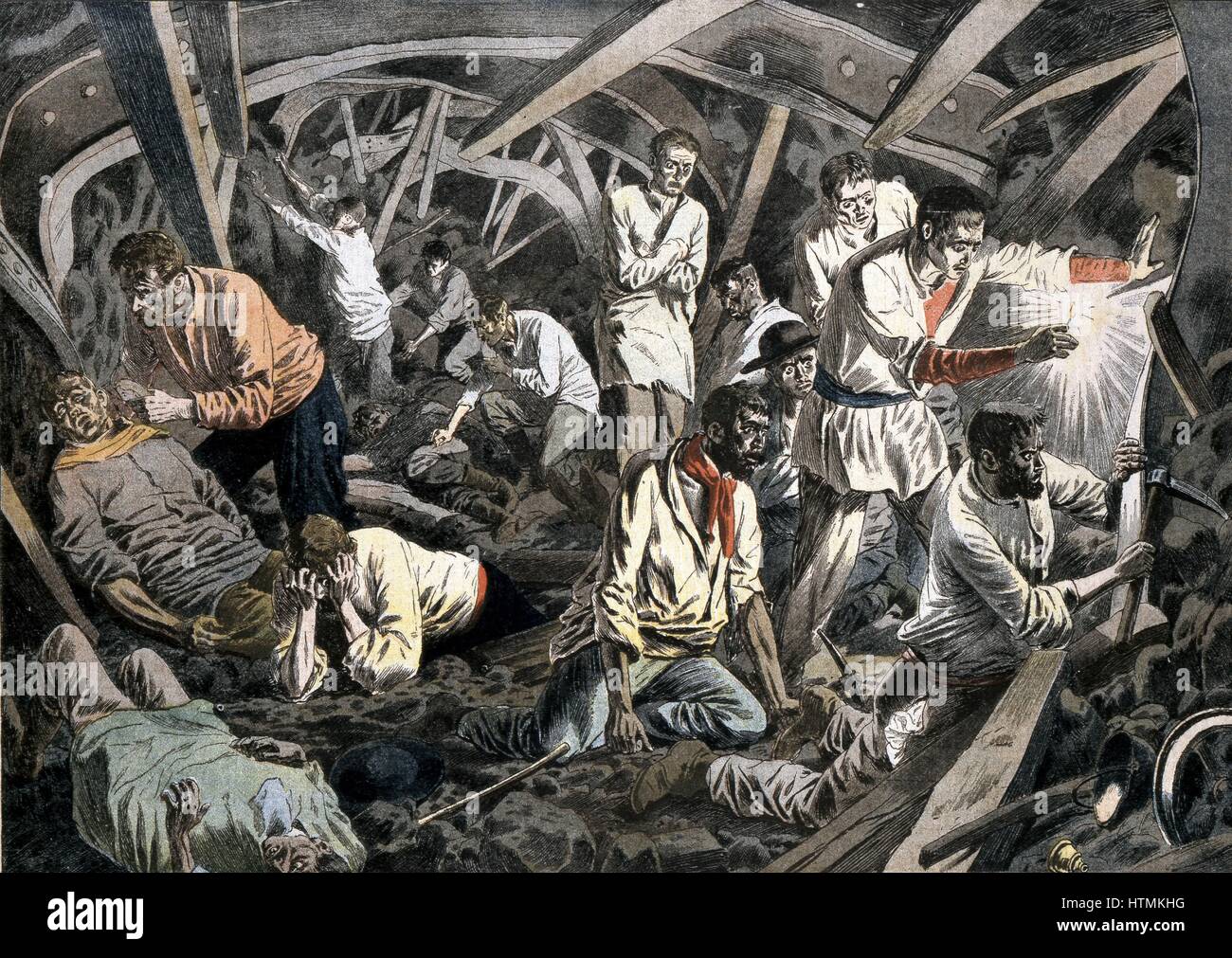 Coal miners trapped 24 days underground after roof fall. Survived by eating carrots and oats they found in the pit pony stables, Courrieres Mines, Pas de Calais. France. From 'Le Petit Journal' Paris 15 April 1906 Stock Photo