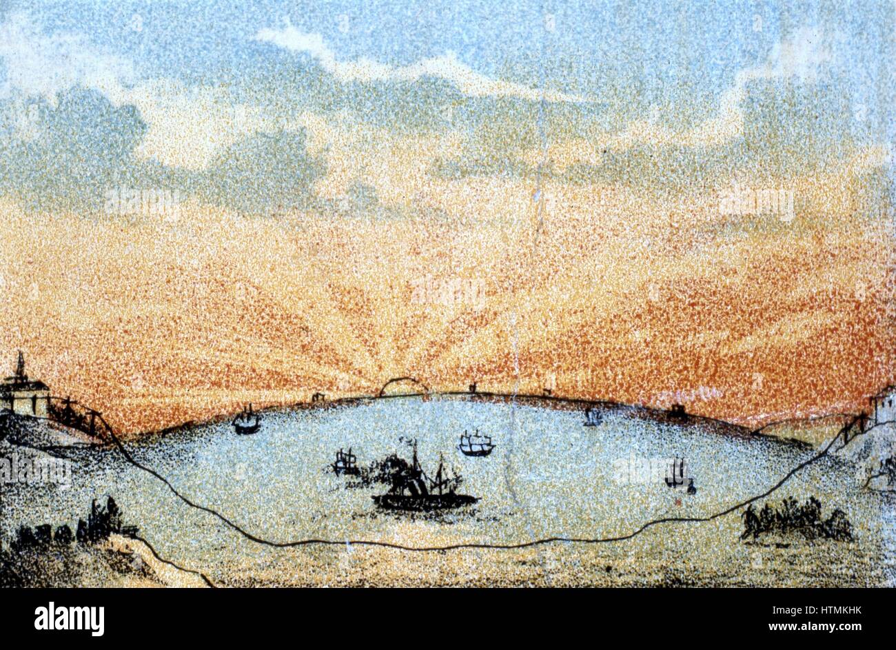 The Atlantic Telegraph: idealised view of cable passing under the ocean from Valentia, Ireland to Trinity Bay, Newfoundland. Chromolithograph c1878 Stock Photo