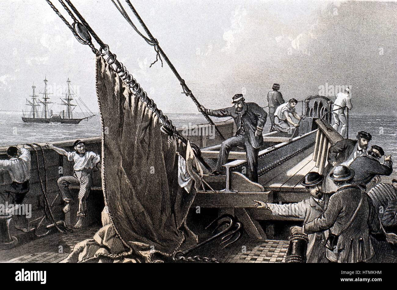 The Atlantic Telegraph: preparing to grapple for the broken cable from the bows of the SS 'Great Eastern' 2 August 1865. From WH Russell 'The Atlantic Telegraph' London 1866. Tinted lithograph Stock Photo
