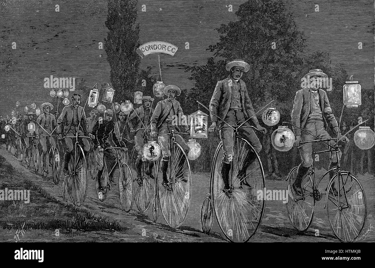 Gathering of the UK cycling clubs at Castle Inn, Woodford, Essex, 1 June 1889. After a day of cycling followed by an evening smoking concert the gathering took a 'Chinese Lantern' ride to Walthamstow. Wood engraving June 1889 Stock Photo