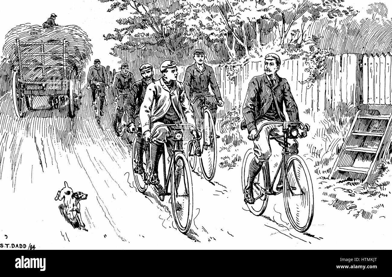 A British cycle club out for a country ride. Man in front right is riding a machine of the Rover safety type, while man following is on an earlier type, the Kangaroo. From 'Cycling' Badmington Library, London 1895. Engraving Stock Photo