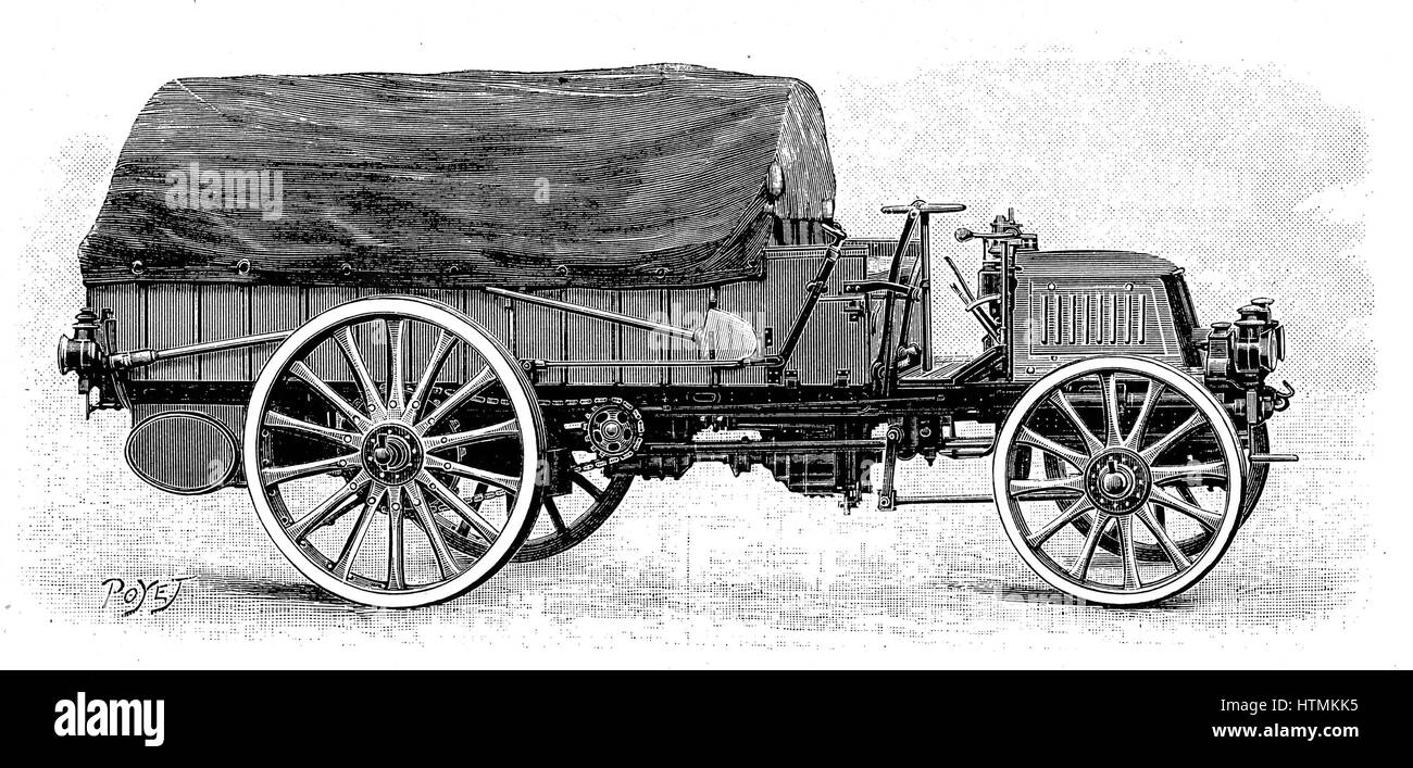 Army truck by Daimler, with 4 cylinder 12 hp engine 1904. Engraving Stock Photo