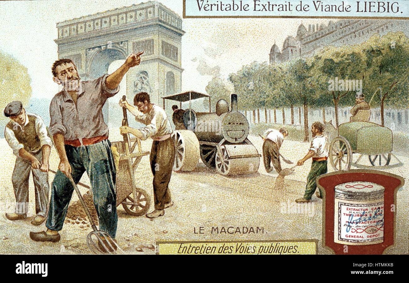 Laying a Macadam road surface and compacting with a steam road roller, Paris street. Workmen are wearing wooden shoes (sabots). Liebig trade card c1900. Chromolithograph Stock Photo
