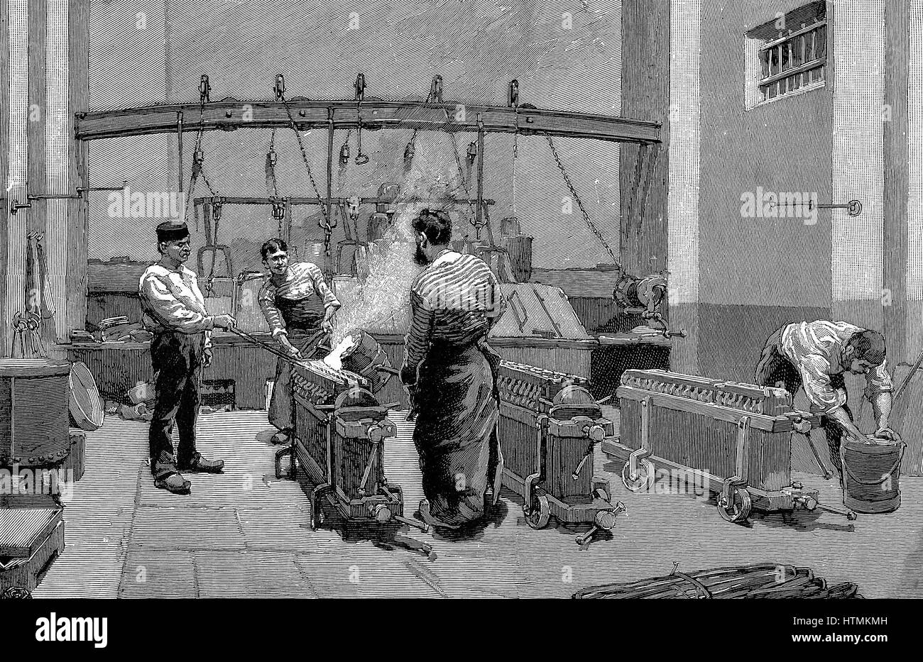 Melting House at the Paris Mint. Pouring gold into moulds to form standard ingots. Wood engraving Paris 1892 Stock Photo