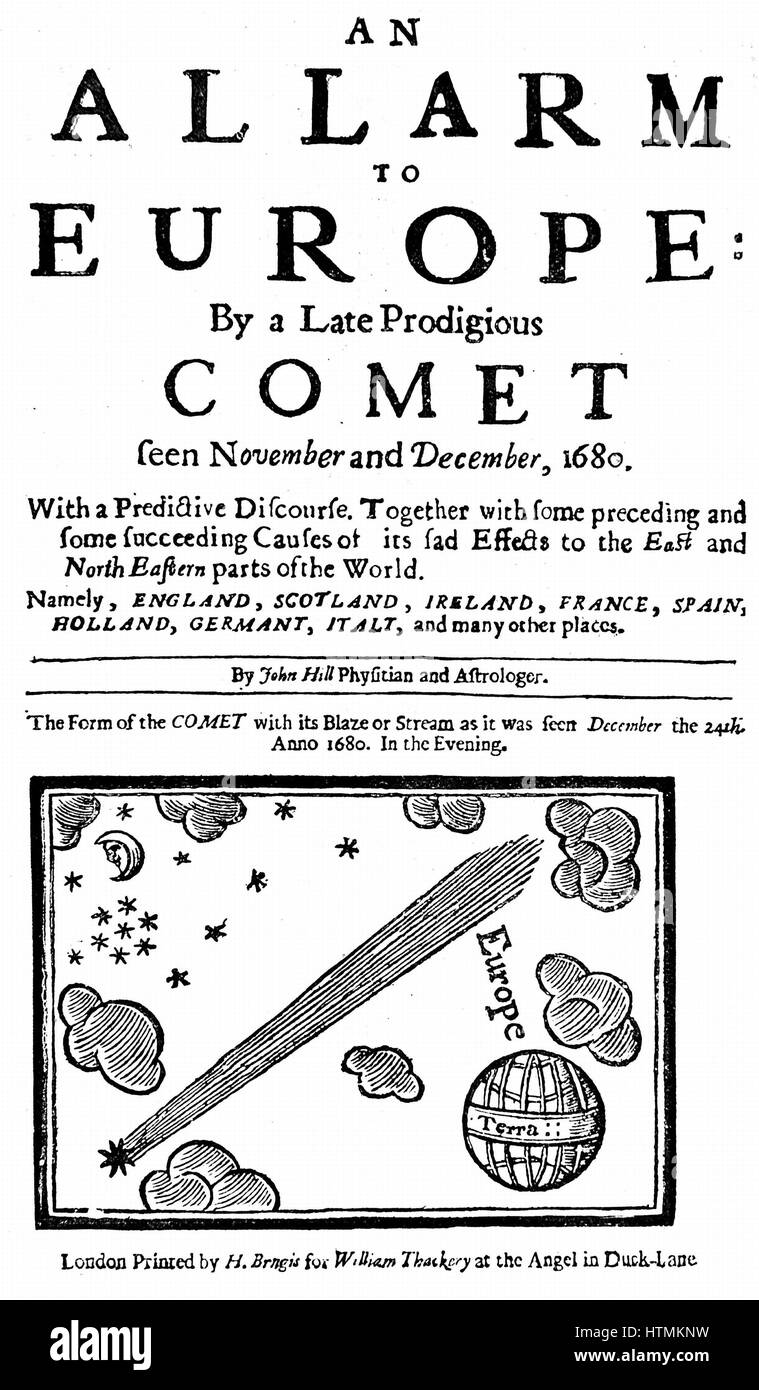 Title page of pamphlet by John Hill on the comet of December 1680 (Kirch).  At this date comets were still considered by many people to be phenomena of ill omen and were viewed with superstitious awe. Stock Photo