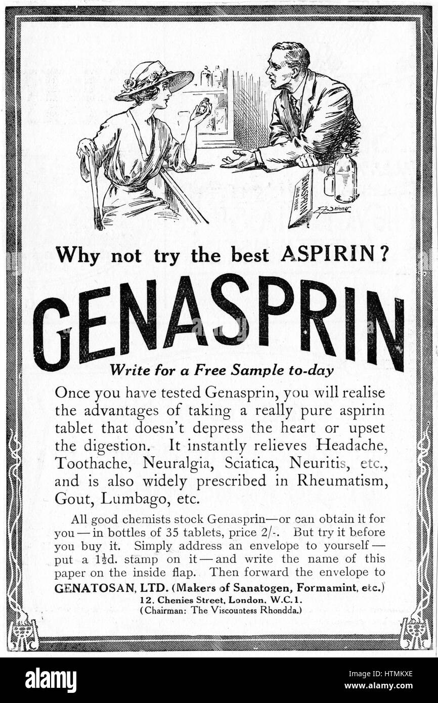 Aspirin - acetylsalicylic acid, a derivative of salicylic acid. Advertisement for a proprietary brand from 'County Life', London. 1919. Engraving Stock Photo