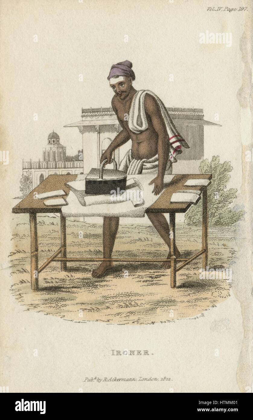Indian using iron filled with hot charcoal to press clothes. Hand-coloured engraving published R. Ackermann, London, 1822 Stock Photo