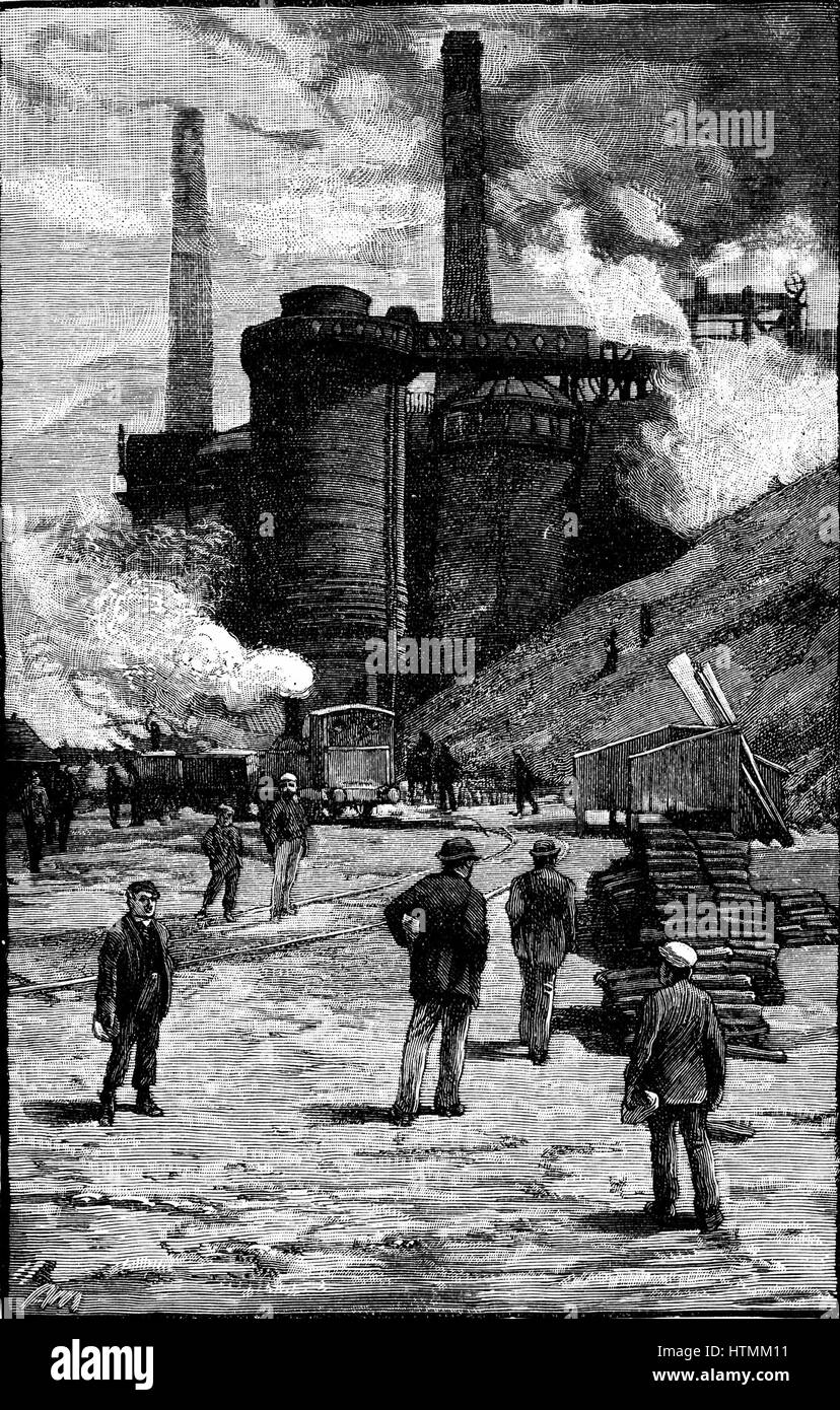 Blast furnaces at Siemens Iron and Steel Works, Landore, South Wales. Wood engraving 1885 Stock Photo