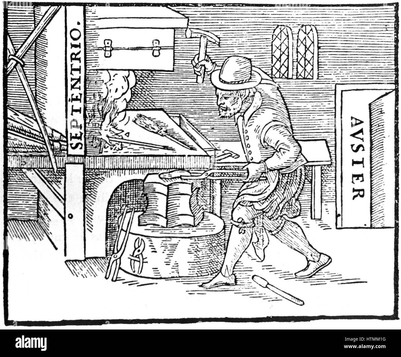 Forging a magnet. From William Gilbert 'De Magnete', London, 1600. Metal on the anvil is aligned North/South (Septentrio/Auster). Woodcut Stock Photo