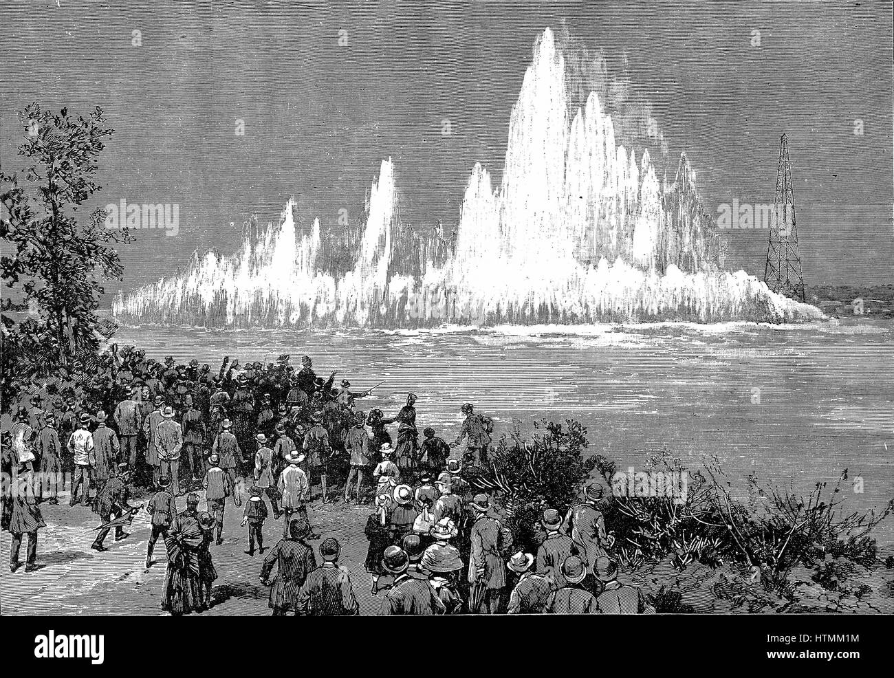 Blowing up Flood Rock, part of the Hell Gate Rocks complex which prevented large vessels reaching New York Harbour, and presented a hazard to smaller ones. Dynamite was the explosive used. From "The Illustrated London News", October 1885. Wood engraving. Stock Photo