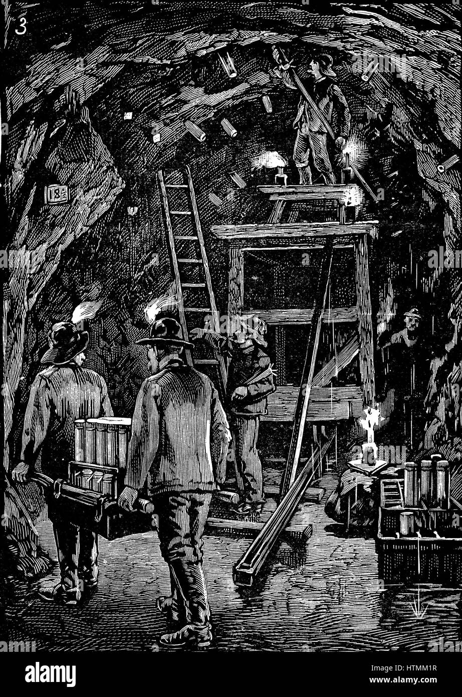Workers in underground galleries putting cartridges of dynamite into position in preparation for the blowing up Flood Rock, part of the Hell Gate Rocks complex which prevented large vessels reaching New York Harbour, and presented a hazard to smaller ones Stock Photo