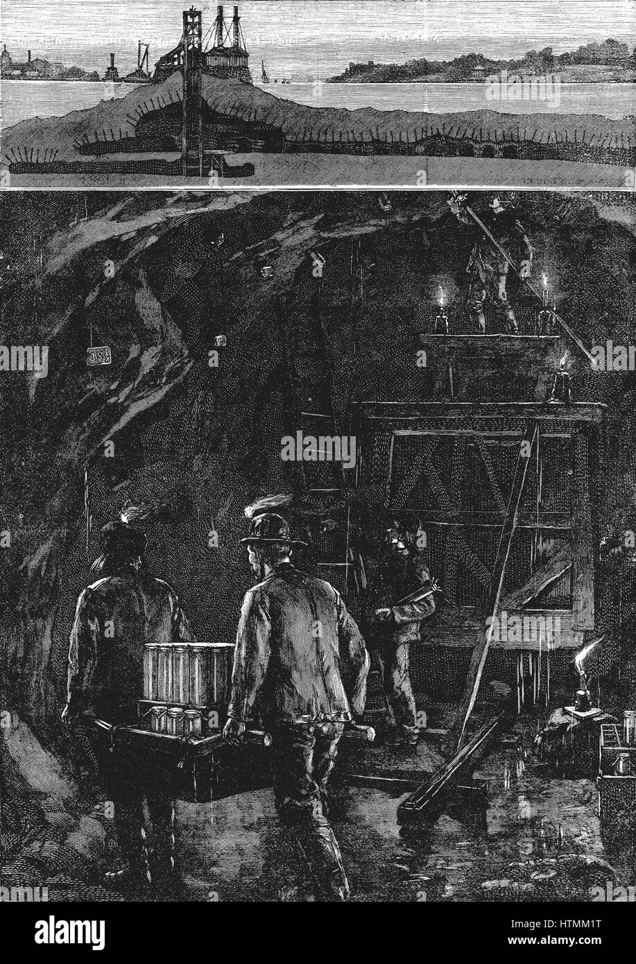 Top: Sectional view of workings under East River, New York, during preparations to destroy Flood Rock, part of the Hell Gate Rocks complex which prevented large vessels reaching New York Harbour, and presented a hazard to smaller ones. Bottom: Placing dyn Stock Photo