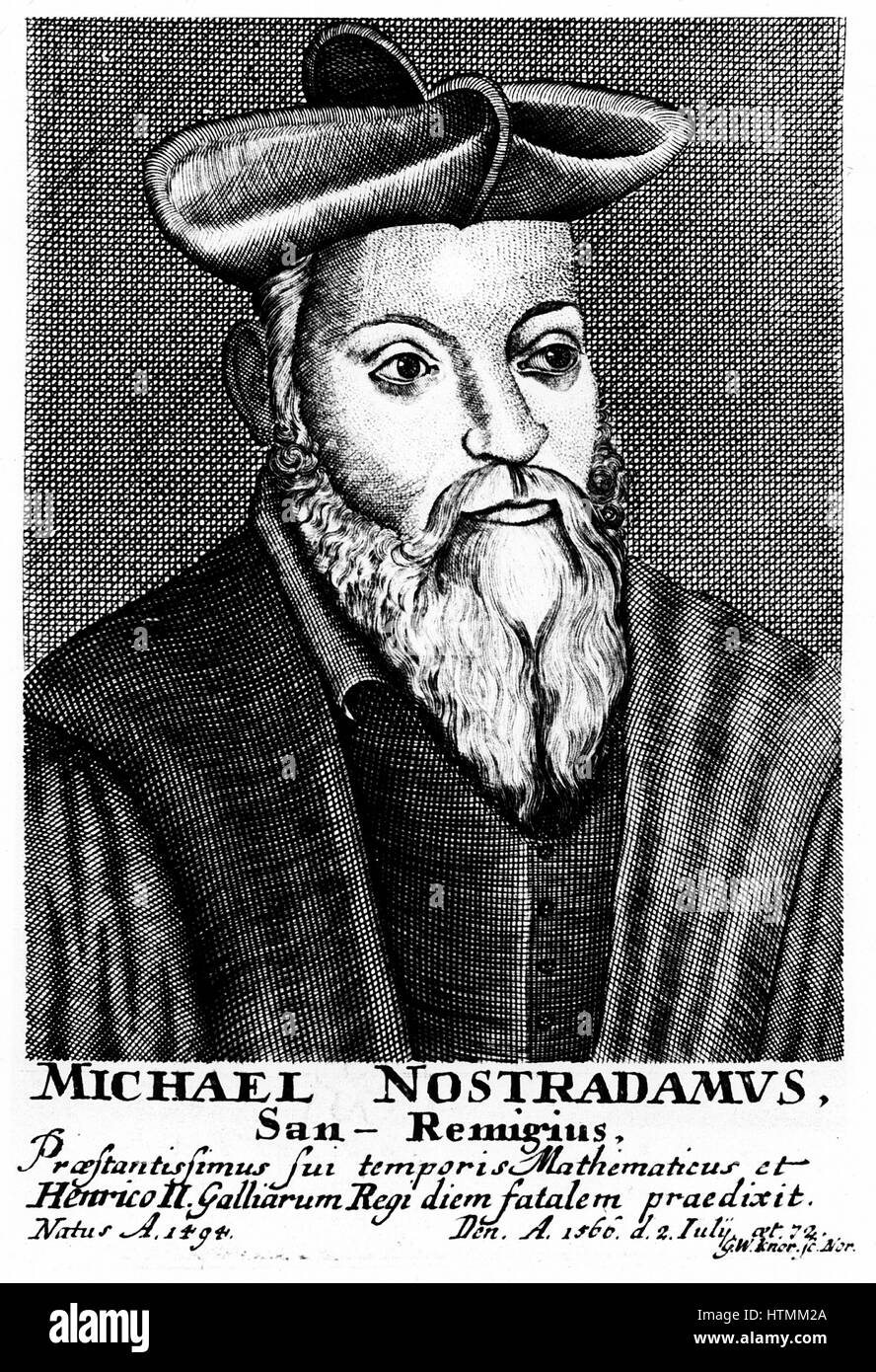 Nostradamus (Michel de Notradame 1503-1556). French physician and astrologer. 18th century portrait engraving Stock Photo