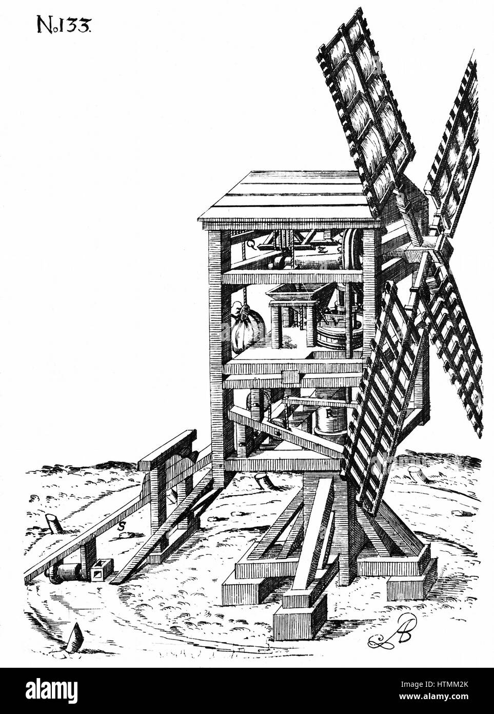 Post mill: Sectional view of windmill showing grain being fed into millstones in centre. On left of mill, sack of grain is being hoisted top of building. In this design of mill the whole structure was rotated on post, R, to bring the sails into the wind. Stock Photo