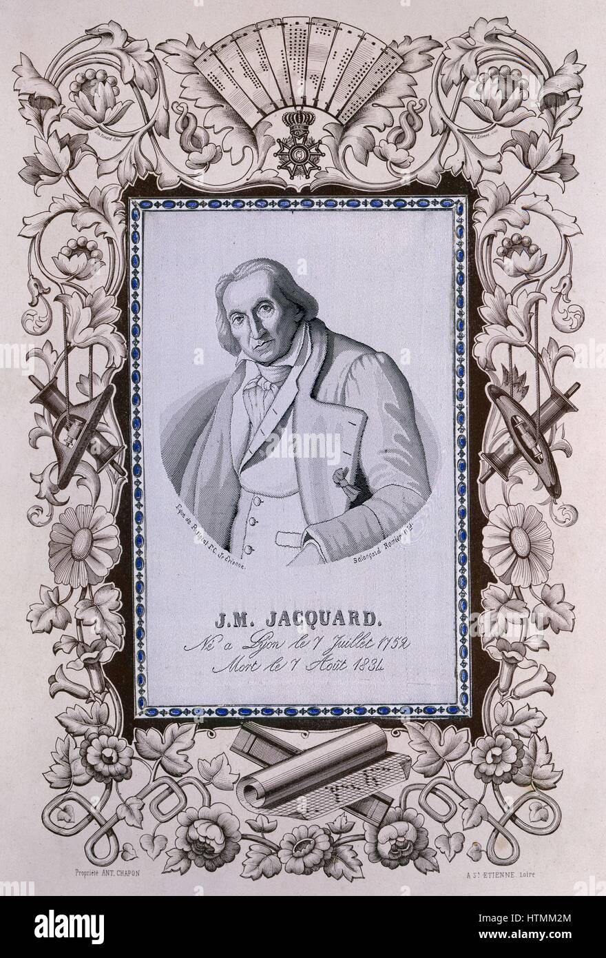 Joseph Marie Jacquqrd (1752-1834) French silk-weaver and inventor. Portrait woven by Jacquard loom, surrounded by printed border showing punched cards, paper for designing patterns, shuttles, bobbins, etc. Colour Stock Photo