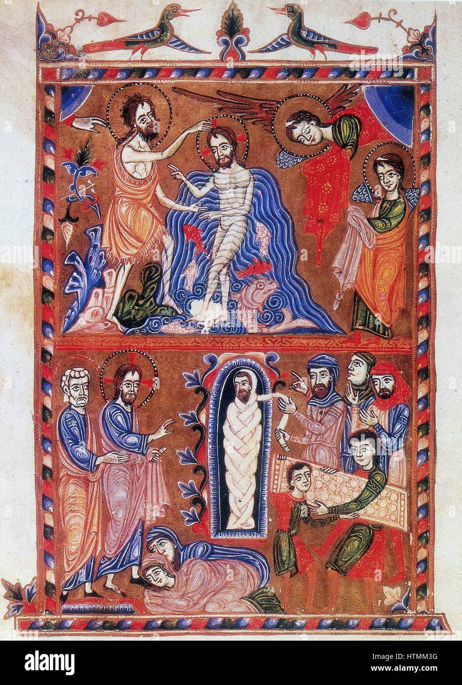 Baptism of Jesus by St John the Baptist (top) and Raising of Lazarus after four days. At feet of Jesus are Martha and Mary, sisters of Lazarus (bottom). After Armenian Evangelistery (1336). Calligraphy and painting by Sarkis Pitsak. Stock Photo