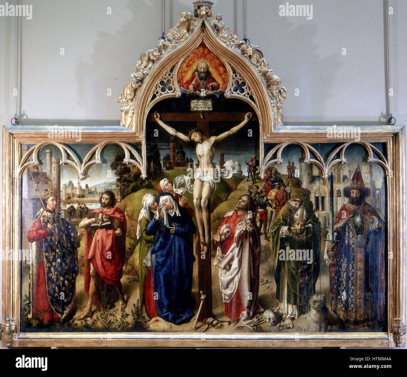 ANONYMOUS, 15th century. Paris Altarpiece. Louvre, Paris. Christ crucified, centre, with Virgin Mary and St John the Apostle on left and right of cross. 2nd from left, St John the Baptist. 2nd from right, St Denis, patron saint of Paris, carrying his hea Stock Photo