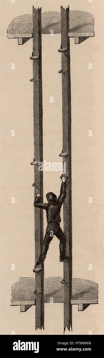 Man-engine or movable ladder adopted in Cornish mines. The movable ladder was powered by the steam engine at the pithead and moved with the regular stroke of the engine. The miners moved alternately from footholds on left and right in the pause at the end Stock Photo