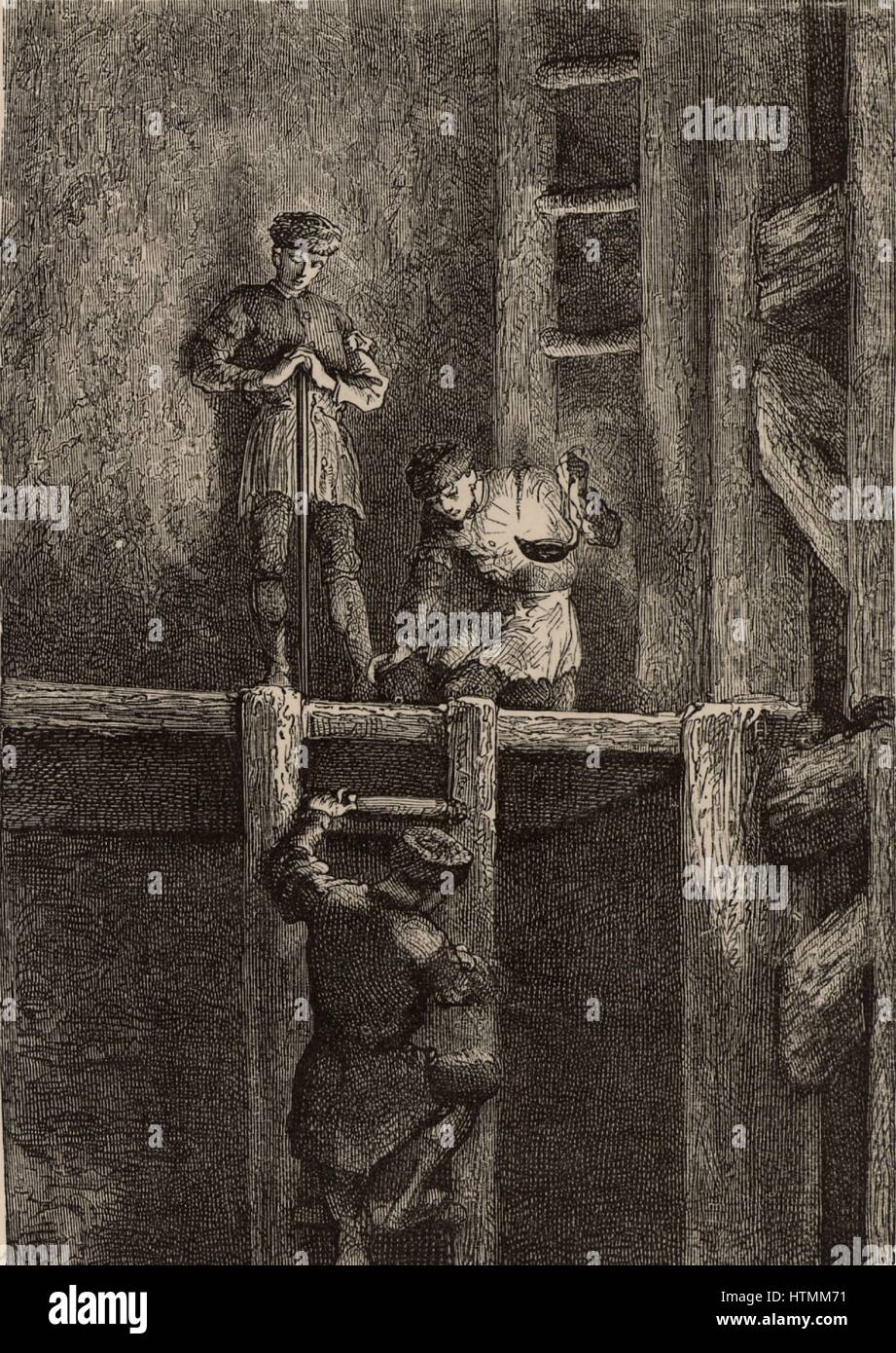 Miners in the Harz mines, Germany, descending the ladder shaft by the light of an oil lamp. From 'Underground Life; or, Mines and Miners' by Louis Simonin (London, 1869). Wood engraving. Stock Photo
