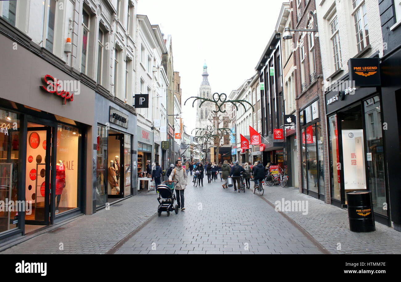 People shopping on Eindstraat in the city of Breda, North Brabant, Netherlands. Stock Photo