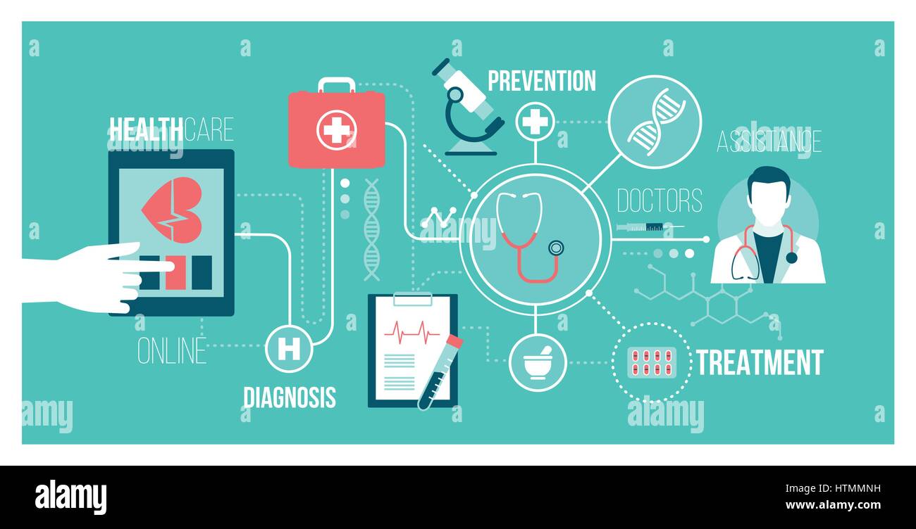 Medicine, healthcare, technology and augmented reality concept banner: user connecting with a digital tablet and receiving an online medical consultat Stock Vector