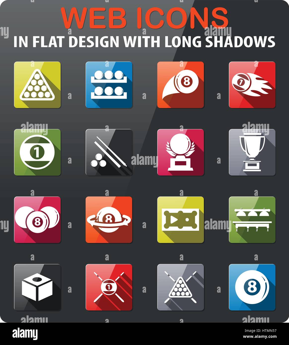 billiards icons set in flat design with long shadow Stock Vector Image ...