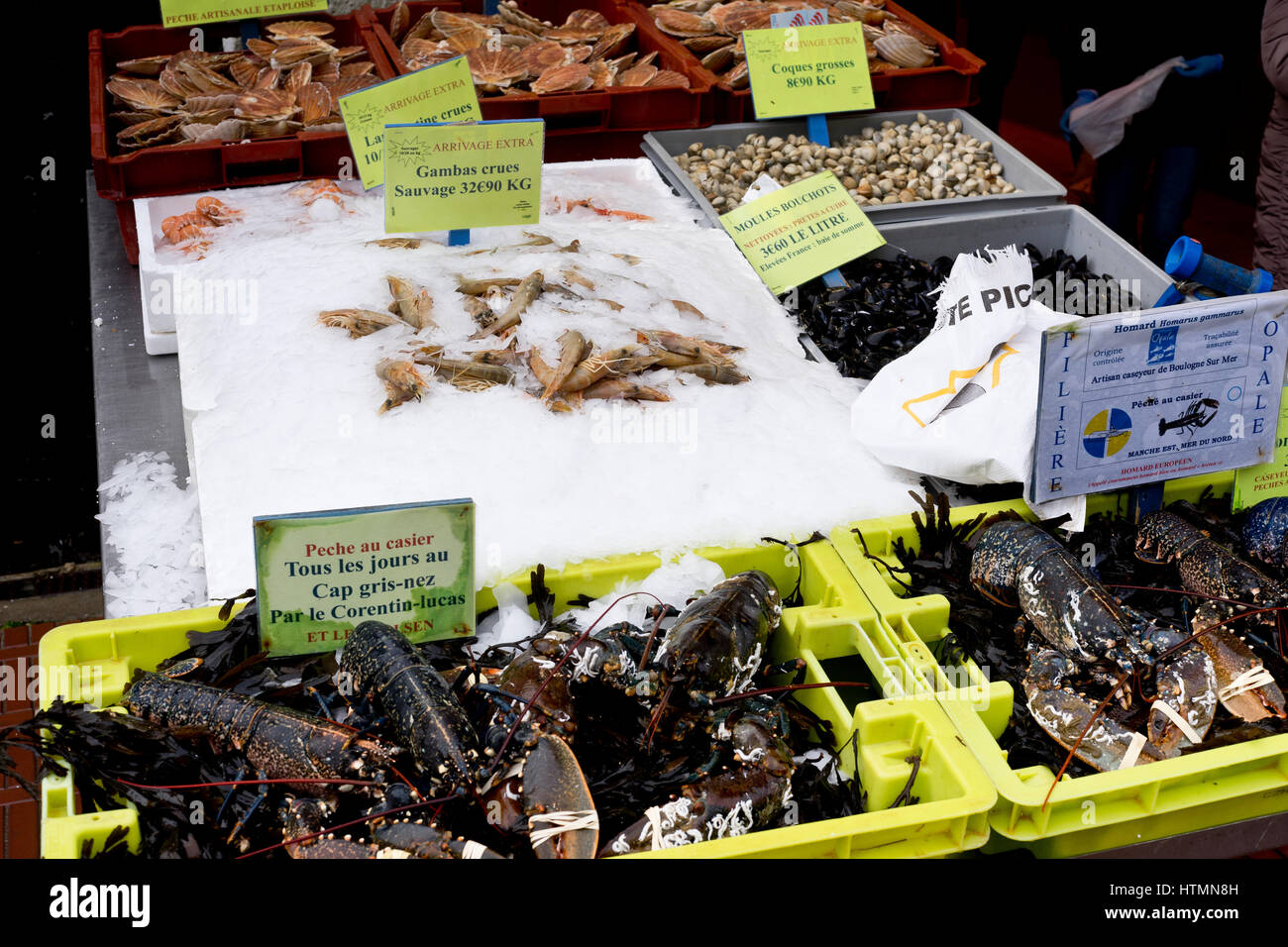 great offer of seafood in a fish shop at  Le Touquet-Plage, France Stock Photo