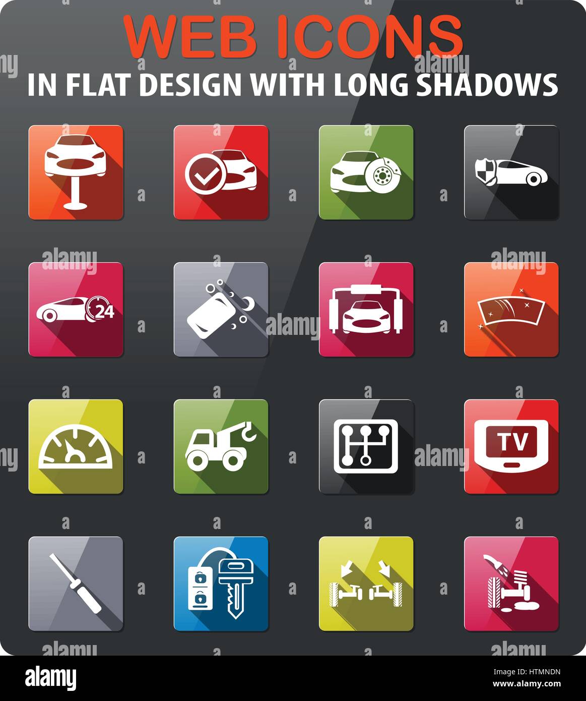 car shop icons set in flat design with long shadow Stock Vector