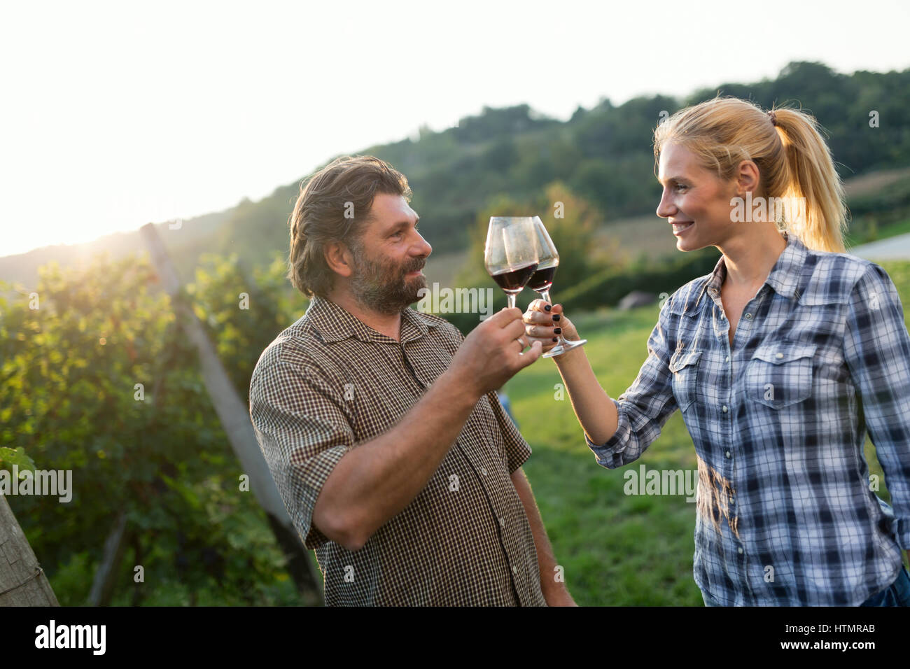 Wine growers toasting with red wine in wine growers vineyard Stock