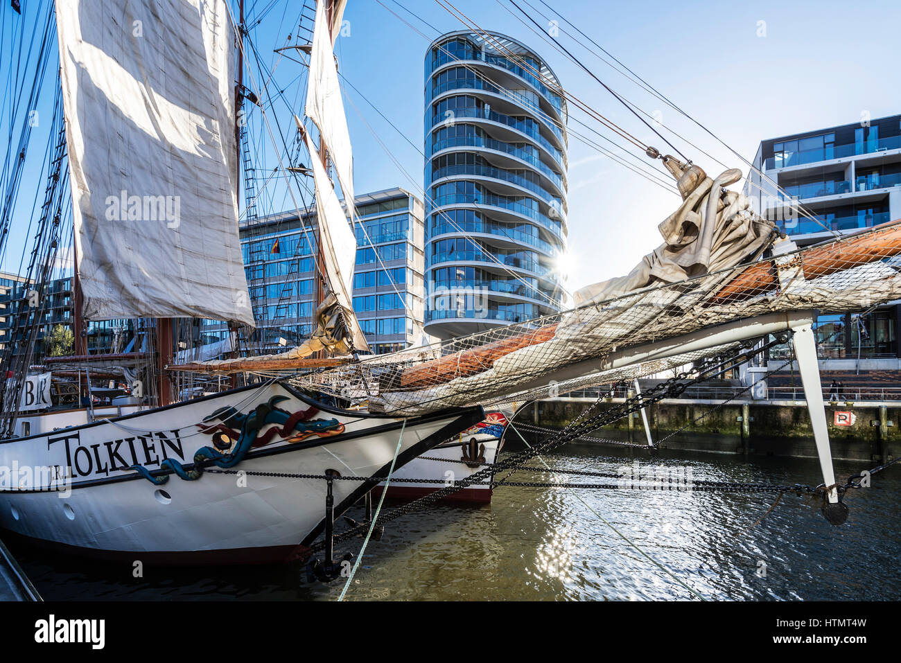 Historic sailing ships in the traditional ship harbor, Hafencity, Hamburg, Germany Stock Photo