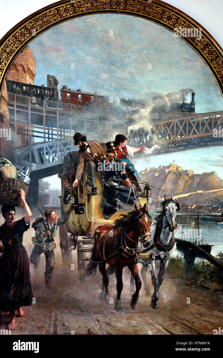 German Steam locomotive by Paul Friedrich Meyerheim 1842 – 1915 Germany  Berlin ( This picture shows the encounter of old and new traffic systems, the carriage on the road, the ship to water and in the background the railway crossing the bridge between Ehrenbreitstein and Koblenz. This bridge is also a construction of the company Borsig. ) Stock Photo