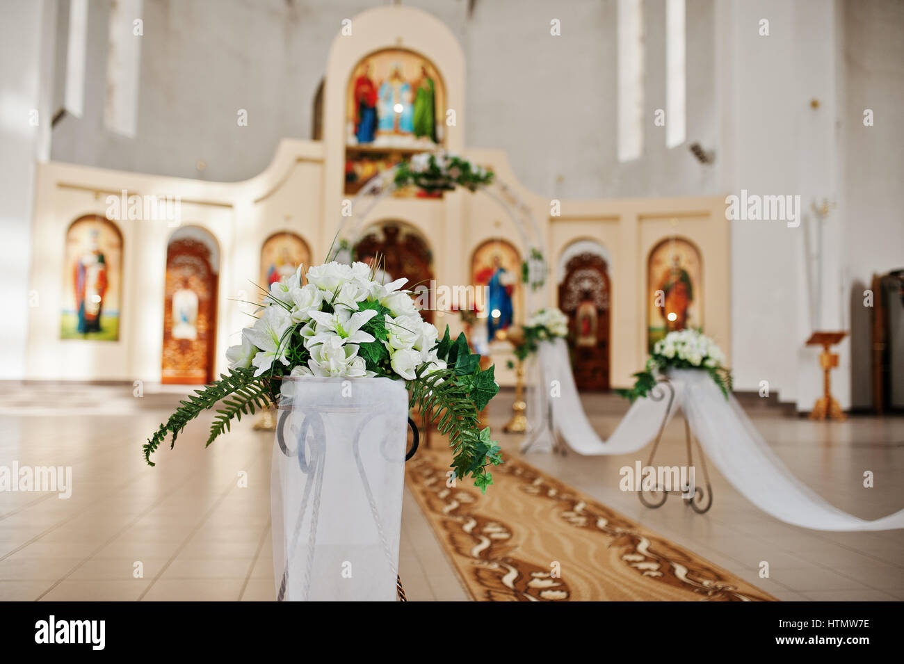 Flowers Of Decor At Wedding Church Ceremony Stock Photo 135683170