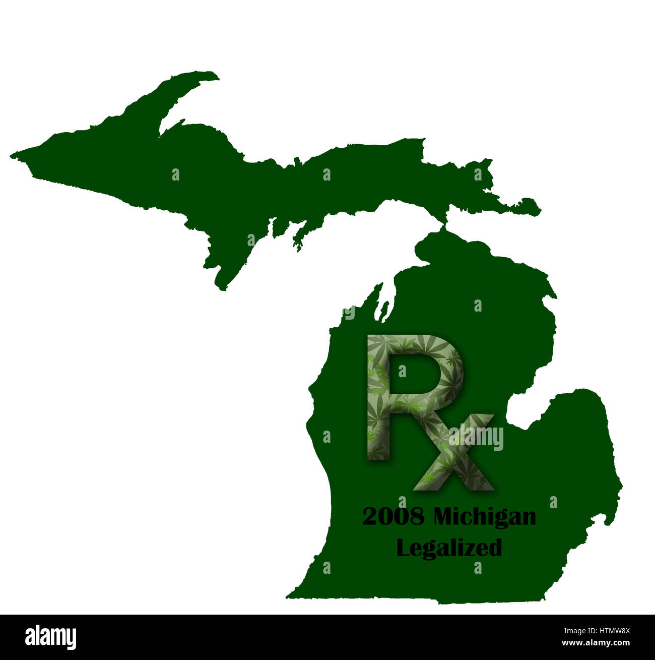 Map of the state of Michigan illustrating when medical marijuana was legalized. Stock Photo