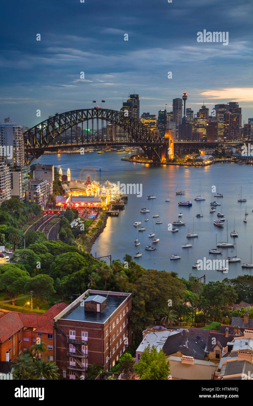 Sydney. Cityscape image of Sydney, Australia with Harbour Bridge and Sydney skyline during twilight blue hour. Stock Photo