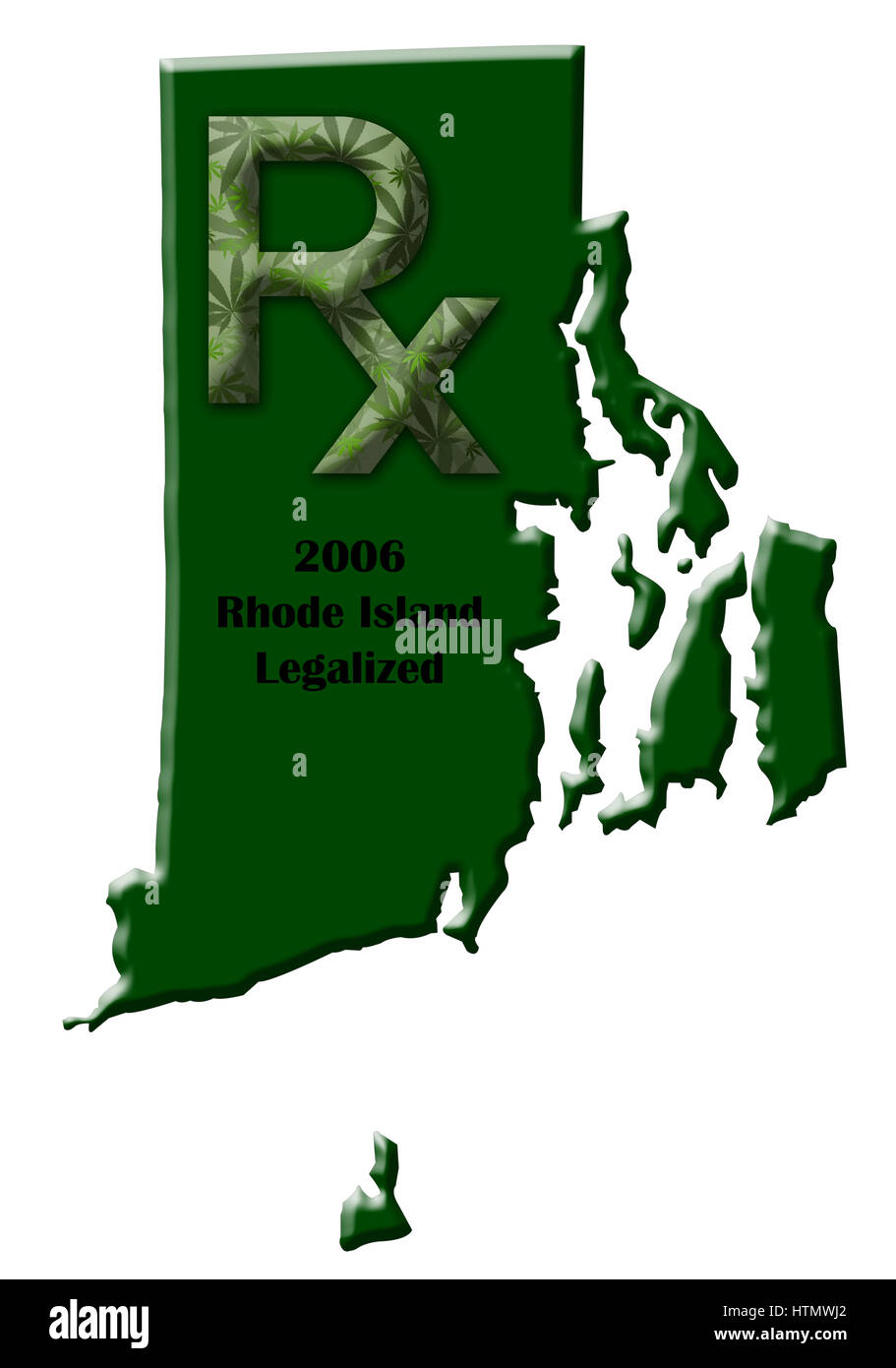 Map of the state of Rhode Island illustrating when medical marijuana was legalized. Stock Photo