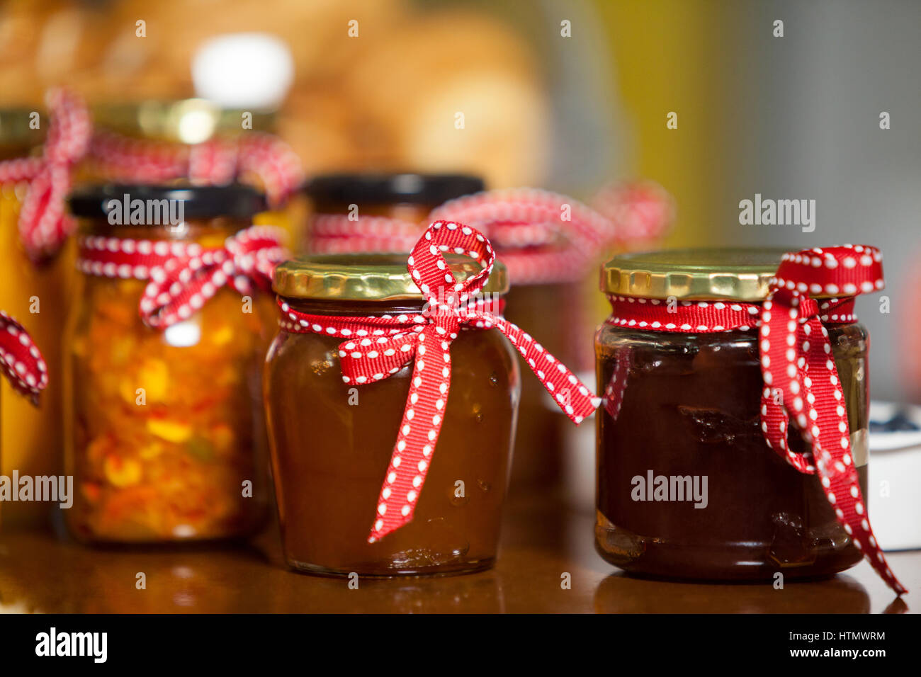 Various types of pickles and jam at counter in market Stock Photo Alamy