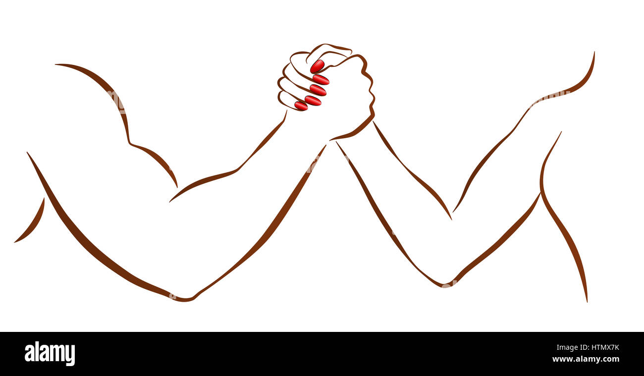 Arm wrestling of man and woman as a symbol for battle of the sexes or gender fight. Isolated illustration on white background. Stock Photo