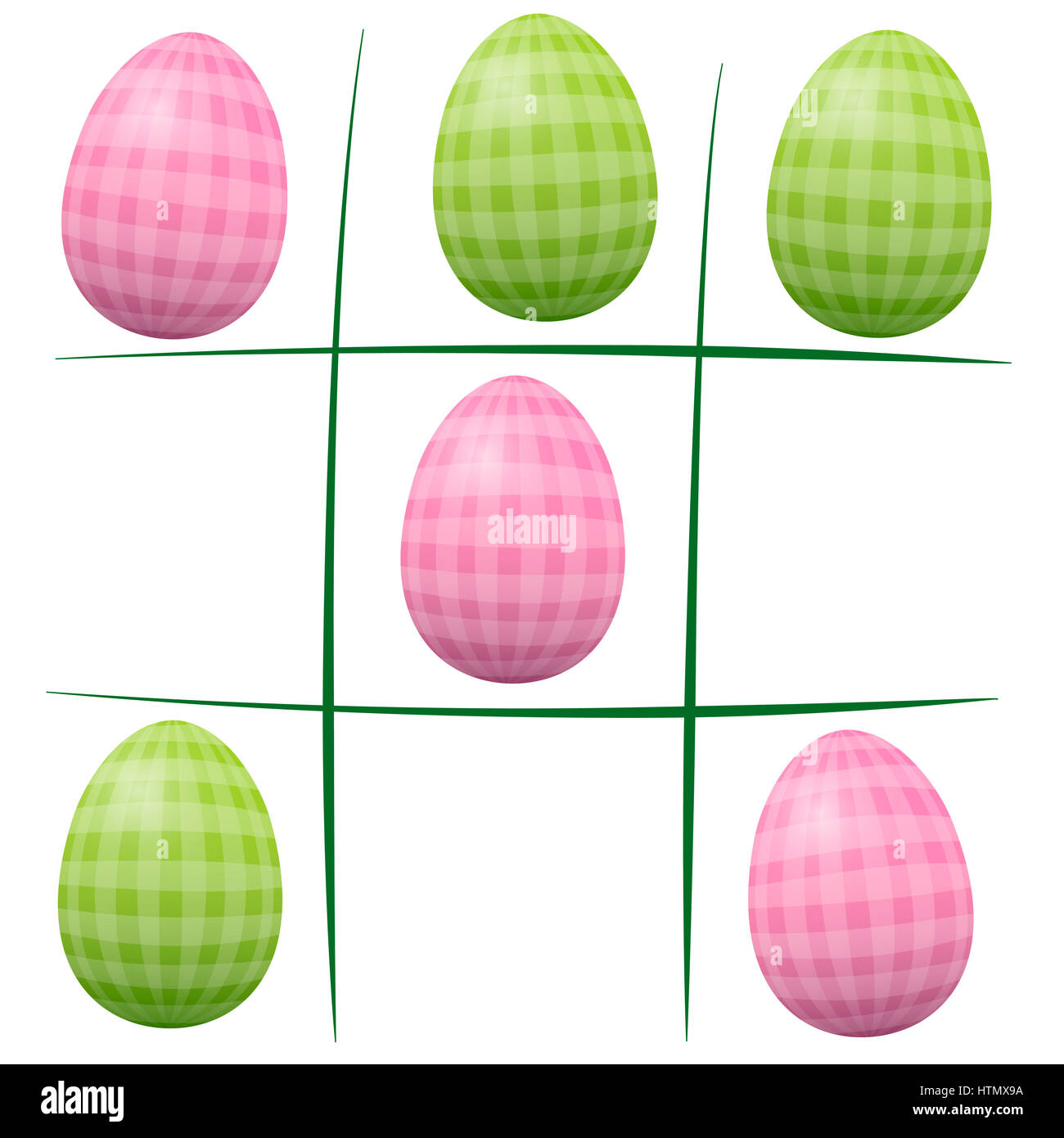Easter eggs playing tic tac toe - vintage style, with checked gingham pattern. Isolated illustration on white background. Stock Photo