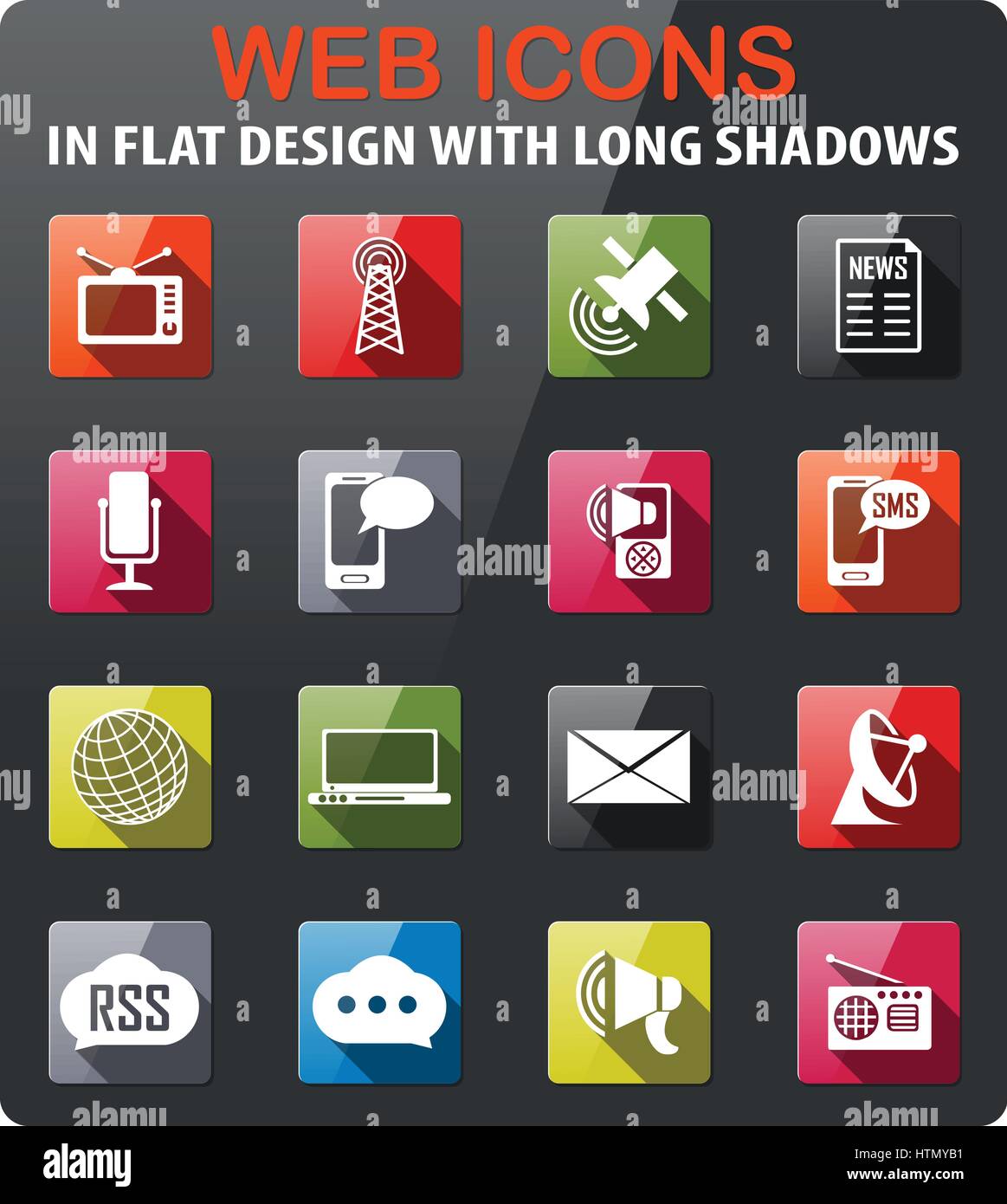 media icons set in flat design with long shadow Stock Vector Image ...