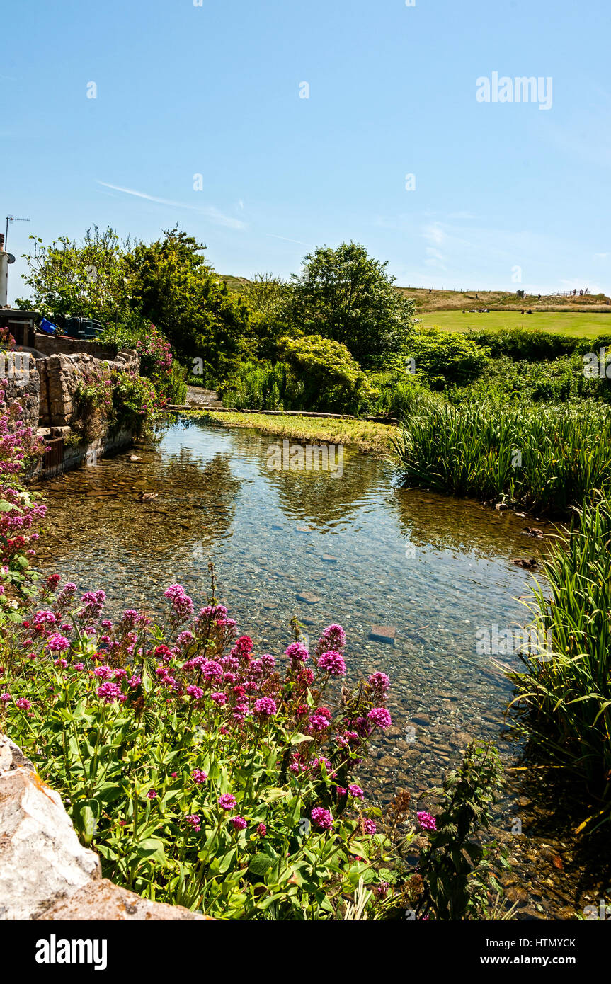 A small river widens as it flows past the grey stone wall of a cottage ...