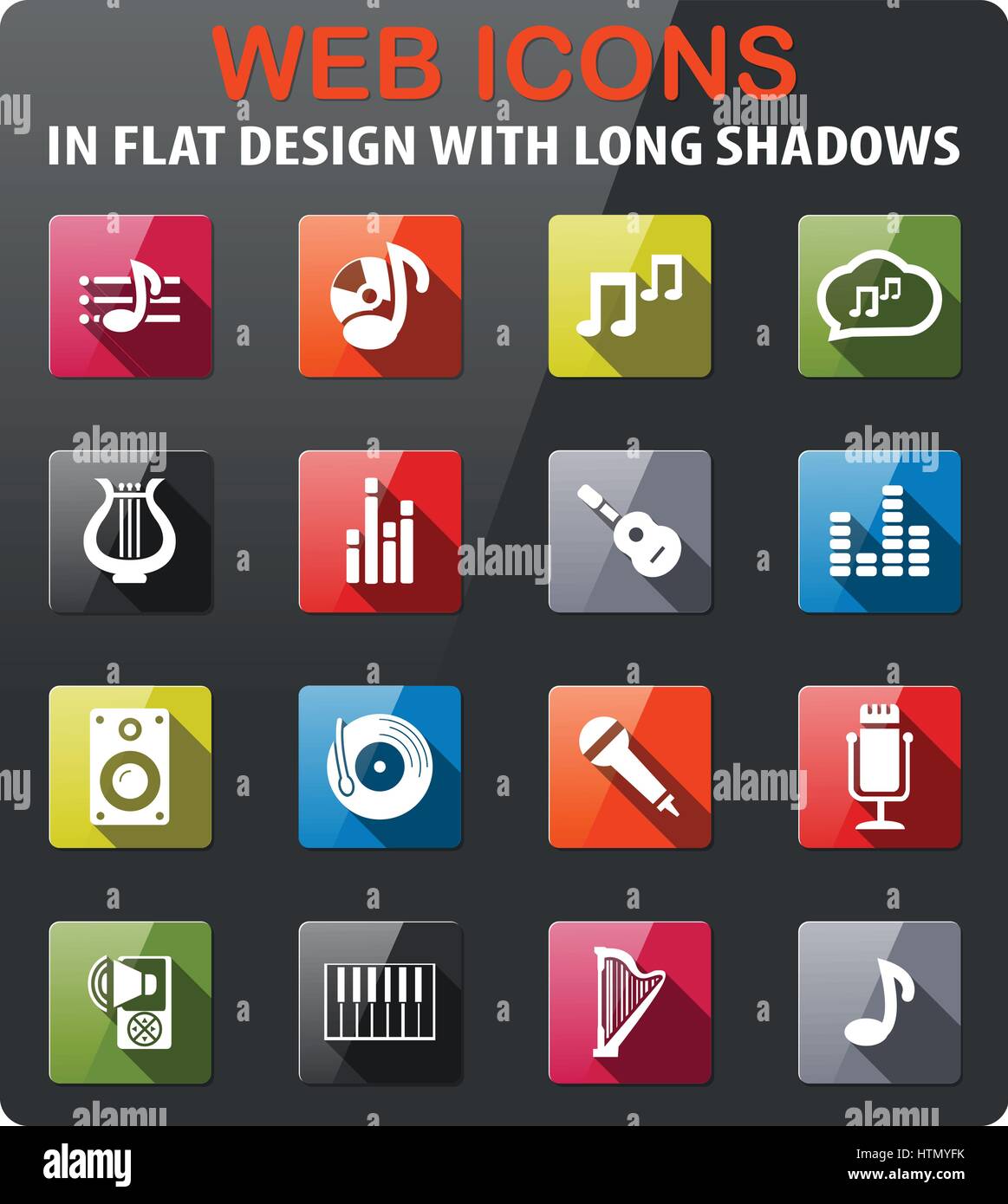 music icons set in flat design with long shadow Stock Vector Image ...