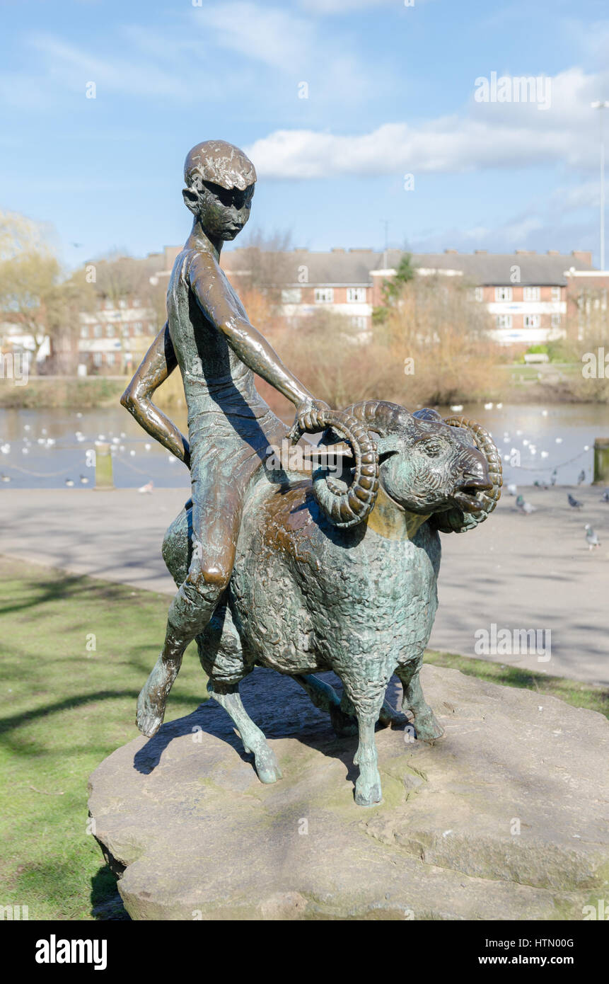 Sculpture of Derby Ram and boy in Derby Riverside Gardens, Derby Stock  Photo - Alamy
