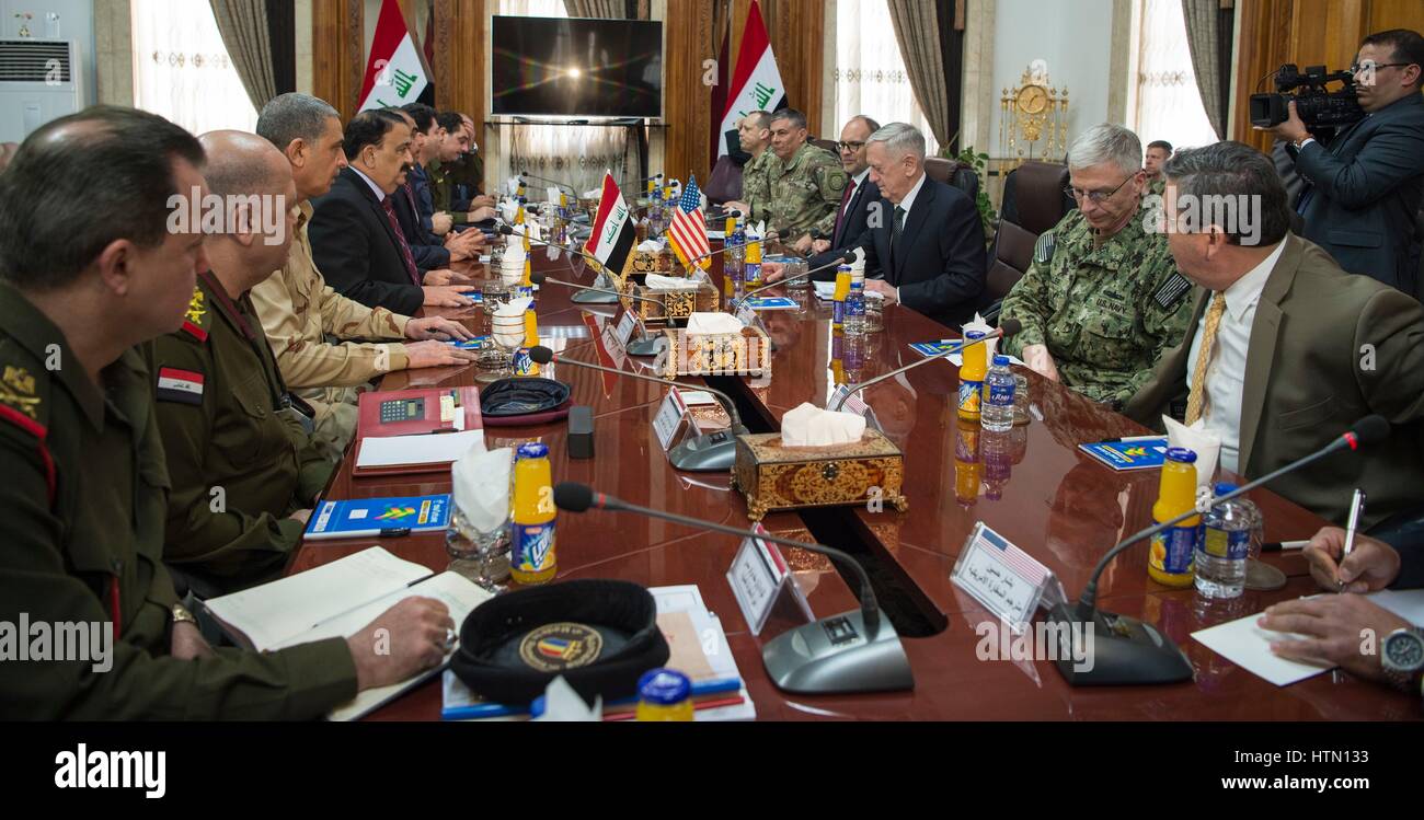 U.S. Secretary of Defense James Mattis meets with Iraqi Minister of Defense Arfan al-Hayali at the Ministry of Defense February 20, 2017 in Baghdad, Iraq. (photo by Brigitte N. Brantley /DoD via Planetpix) Stock Photo
