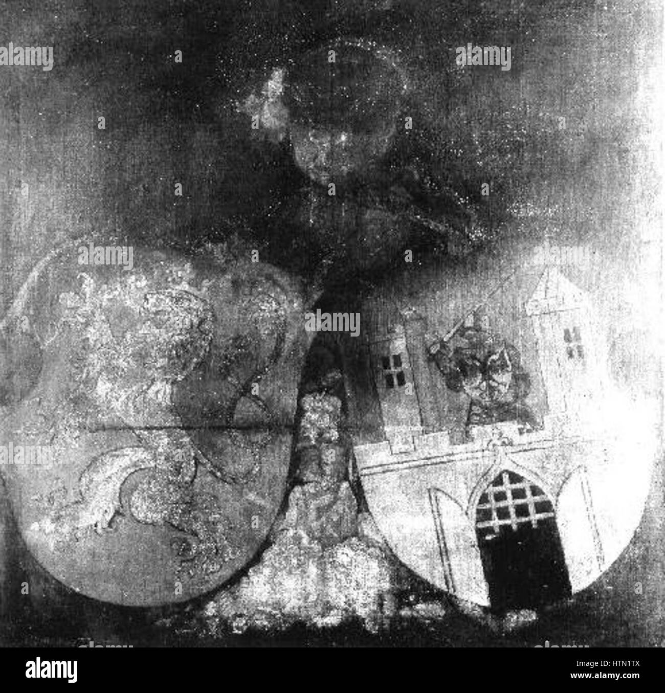 Josef Manes was a Czech painter known for his work in the Romantic style. The 'Dekorativni paneau se znaky' (Decorative Panel with Emblems) features detailed depictions of heraldic symbols, showcasing his attention to symbolic detail. Stock Photo