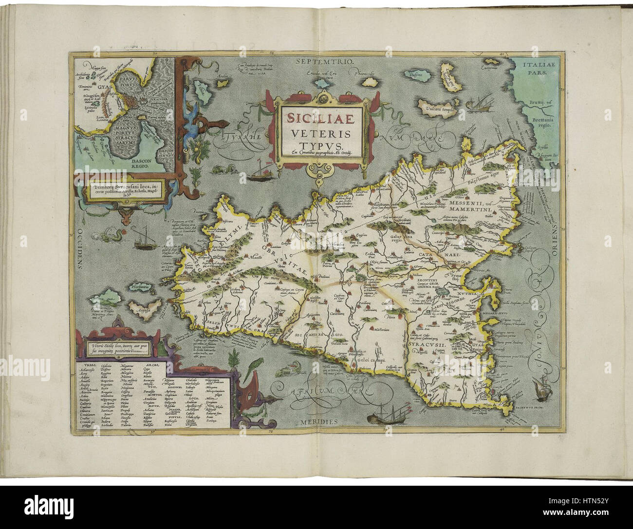 Map of ancient Sicily and inset map of the territories of Syracuse by Abraham Ortelius Stock Photo